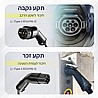 התמונה מחולקת לשני חלקים אופקיים המציגים תקע נקבה שחור מסוג Type 2 המיועד לחיבור לשקע הטעינה ברכב, ותקע זכר שחור מסוג Type 2 המיועד לחיבור לעמדת הטעינה, כאשר תקריב של פנים שני התקעים מציג שבעה פינים, ובתמונה מימין נראים התקעים מחוברים לשקע טעינה ברכב ולשקע טעינה בעמדה ציבורית אפורה, עם כיתוב בעברית המציין את ייעוד כל תקע של הכבל טעינה לרכב חשמלי type 2