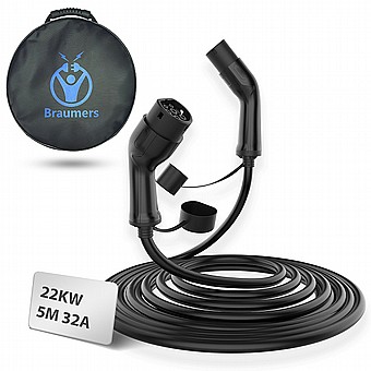 כבל טעינה לרכב חשמלי 5 מטר תלת פאזי Braumers EV CHARGING CABLE Type 2 to Type 2 TPU