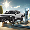 טנדר GMC האמר EV לבן מטעין בעמדת טעינה מהירה של בראומרס. הטנדר חונה על משטח טעינה מרוצף ליד העמדה האפורה והגבוהה. כבל הטעינה השחור מחובר למתאם שקע לרכב חשמלי המחובר להאמר בצד האחורי. ברקע נראה שמיים בהירים עם שמש זורחת וענן בודד, ועצים ירוקים.