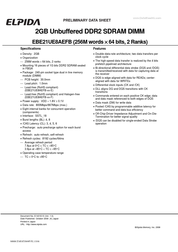 זיכרון למחשב - ELPIDA DDR2  2GB 800Mhz PC2-6400U